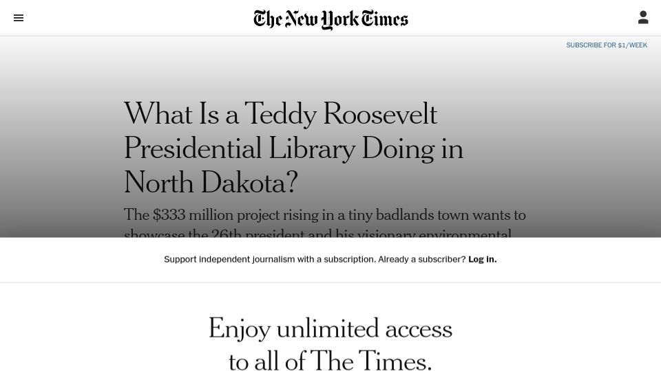Screenshot of nytimes.com: What is a Teddy Roosevelt presidential library doing in North Dakota?