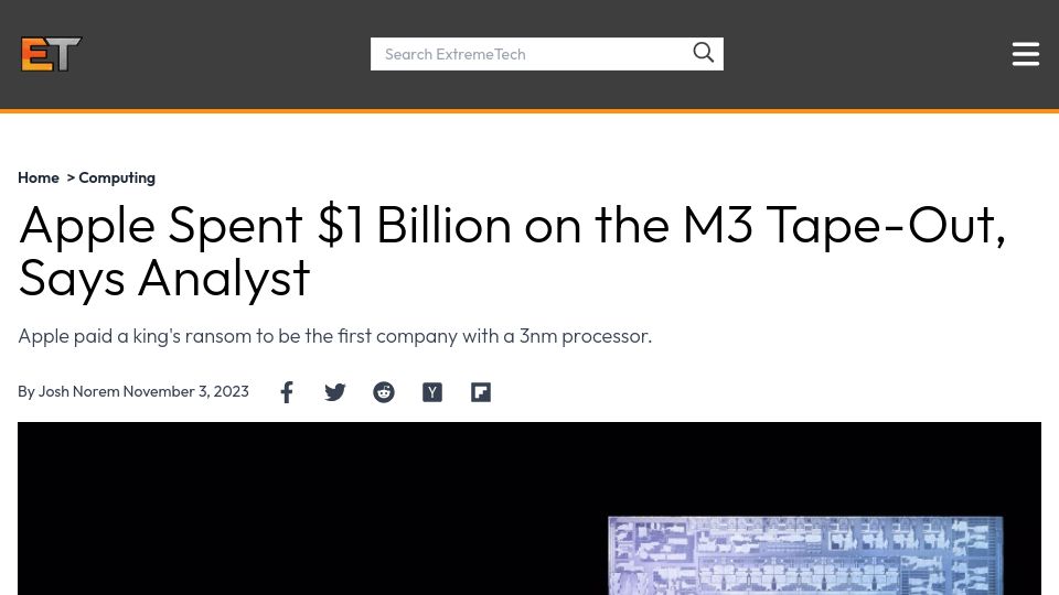 Screenshot of extremetech.com: Apple Spent $1B on the M3 Tape-Out, Says Analyst