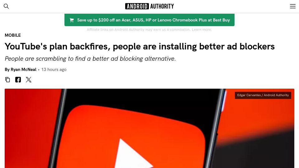 Screenshot of androidauthority.com: YouTube's plan backfires, people are installing better ad blockers