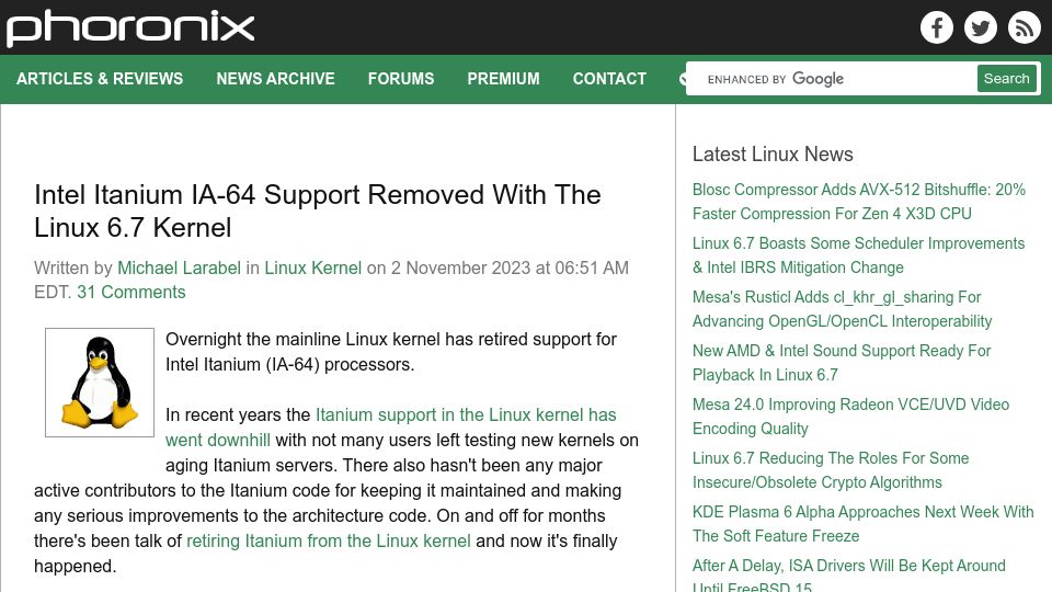 Screenshot of phoronix.com: Intel Itanium IA-64 Support Removed with the Linux 6.7 Kernel