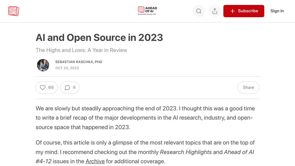 Screenshot of magazine.sebastianraschka.com: AI and Open Source in 2023