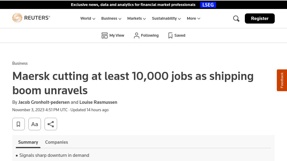 Screenshot of reuters.com: Maersk to cut 10k jobs as shipping demand drops