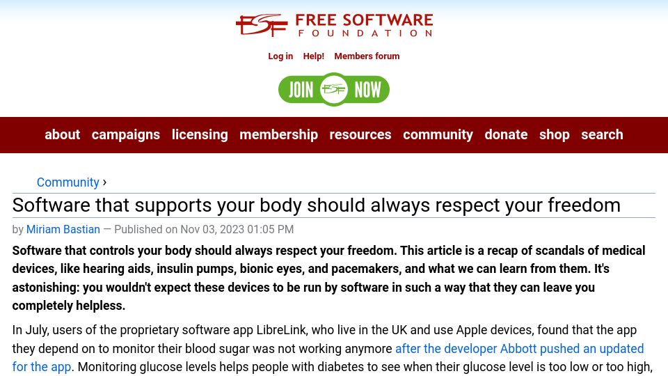 Screenshot of fsf.org: Software that supports your body should always respect your freedom