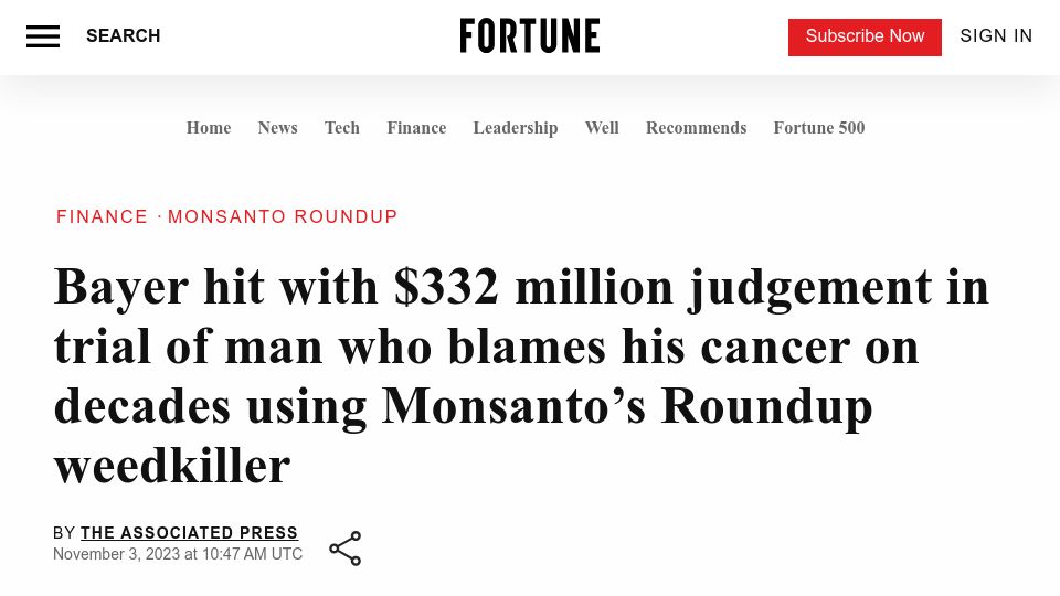 Screenshot of fortune.com: Bayer hit with $332M judgement in Roundup cancer trial