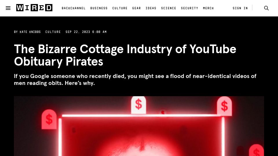 Screenshot of wired.com: The cottage industry of YouTube obituary pirates