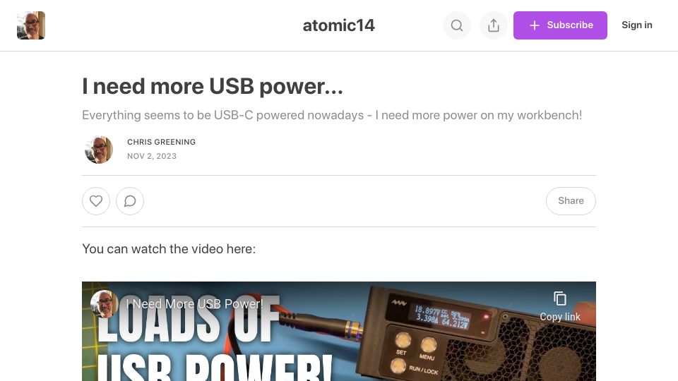 Screenshot of atomic14.substack.com: I need more USB power