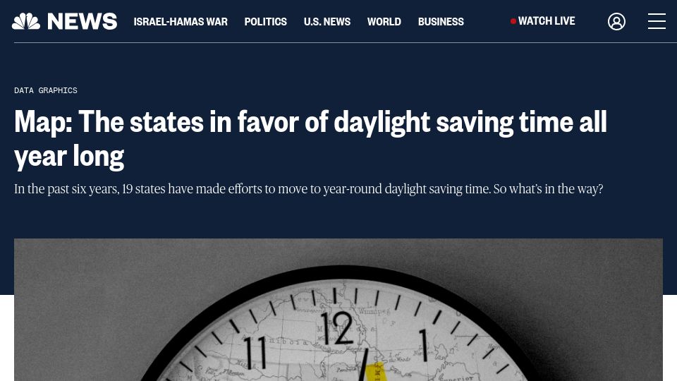 Screenshot of nbcnews.com: Map: The states in favor of daylight saving time all year long