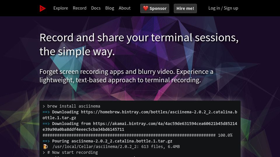Screenshot of asciinema.org: Asciinema: Record and share your terminal sessions, the simple way