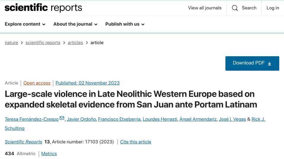Screenshot of nature.com: Large-scale violence in Late Neolithic Western Europe based on skeletal evidence