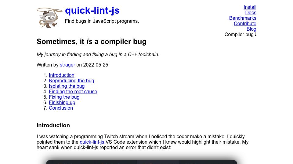 Screenshot of quick-lint-js.com: Sometimes, it is a compiler bug (2022)
