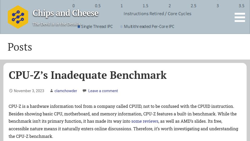 Screenshot of chipsandcheese.com: CPU-Z's Inadequate Benchmark