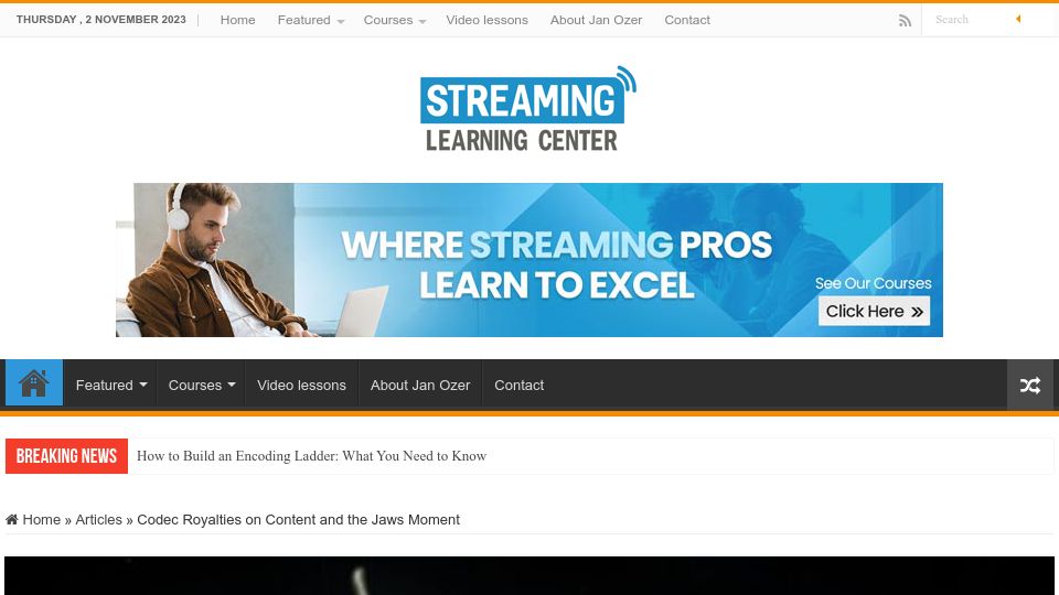 Screenshot of streaminglearningcenter.com: Codec Royalties on Content and the Jaws Moment