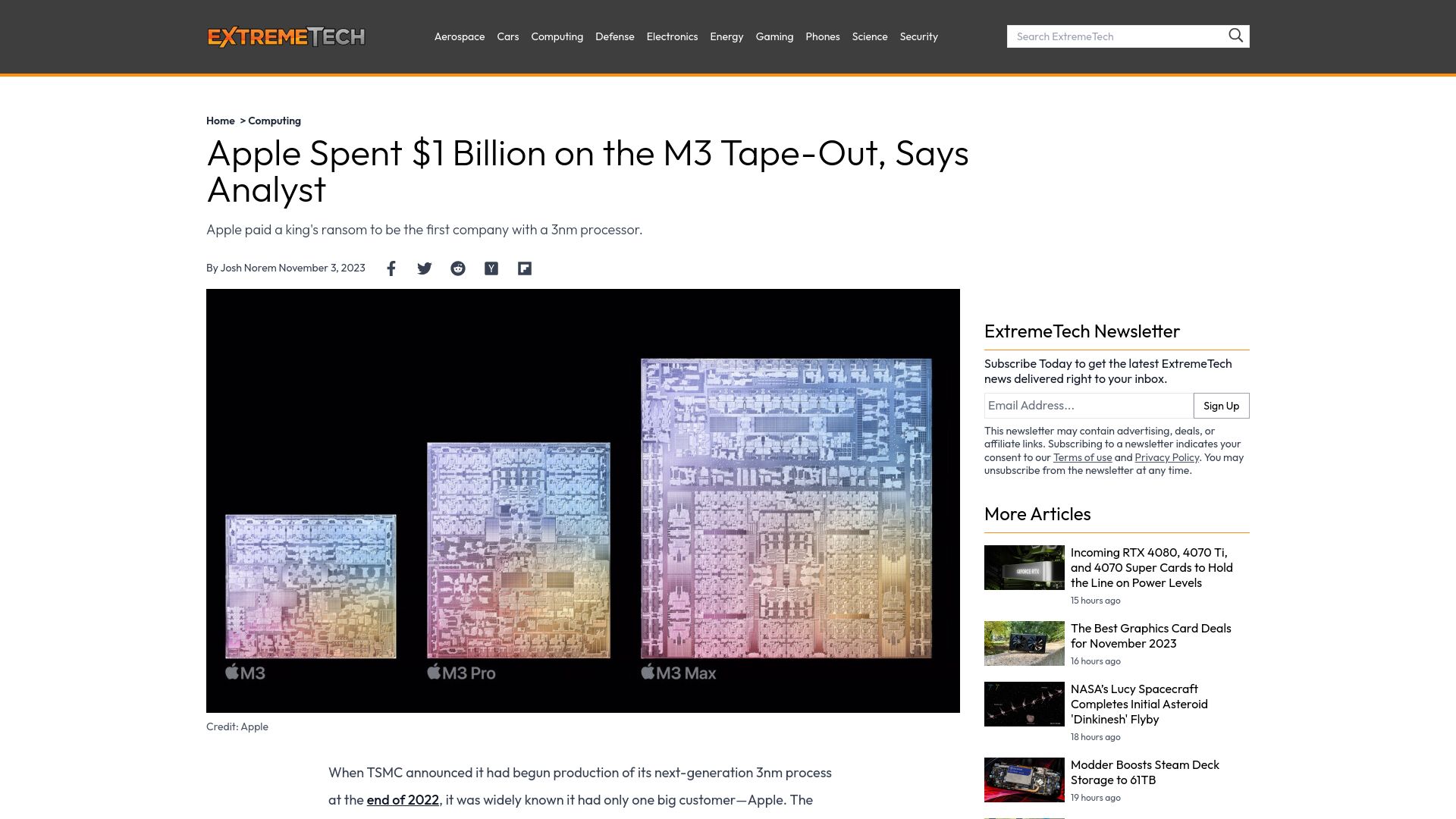Screenshot of extremetech.com: Apple Spent $1B on the M3 Tape-Out, Says Analyst
