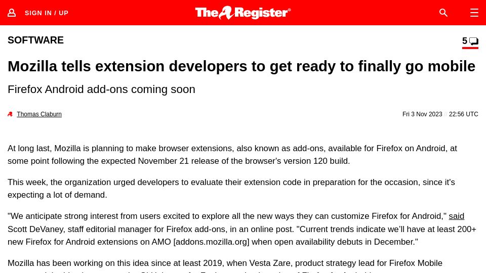 Screenshot of theregister.com: Mozilla tells extension developers to get ready to finally go mobile
