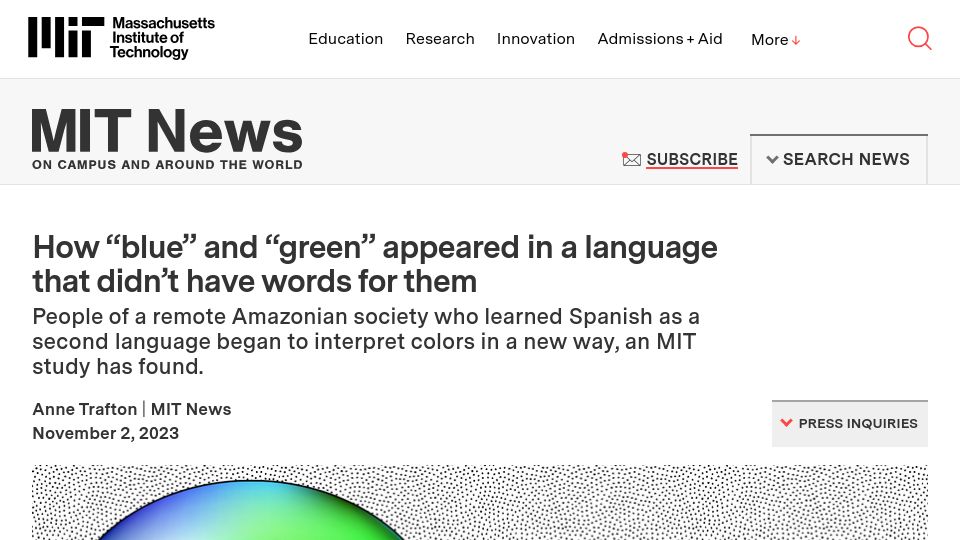 Screenshot of news.mit.edu: How “blue” and “green” appeared in a language that didn’t have words for them