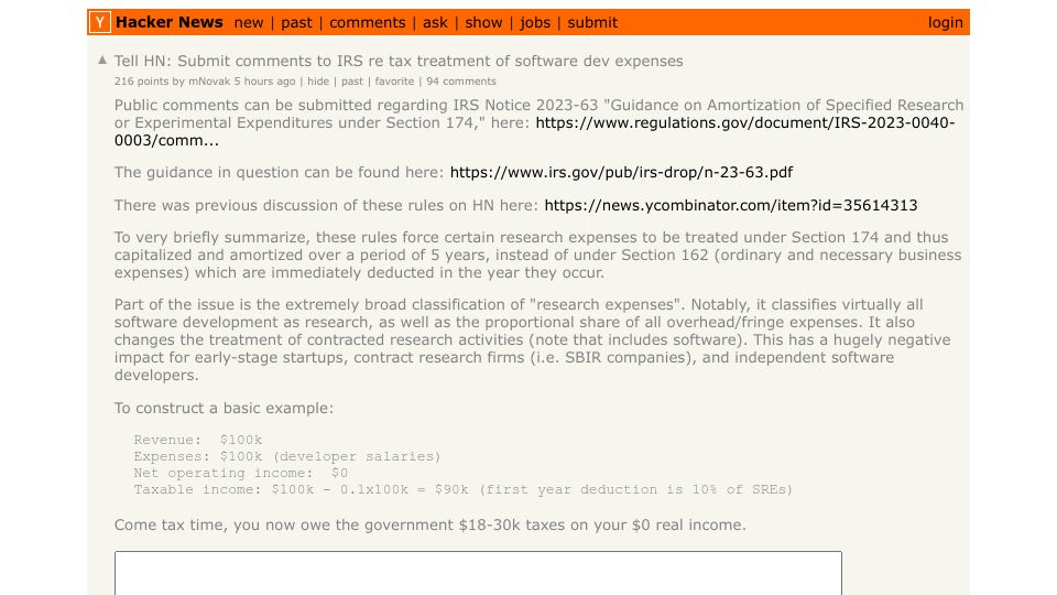 Screenshot of Hacker News post: Tell HN: Submit comments to IRS re tax treatment of software dev expenses