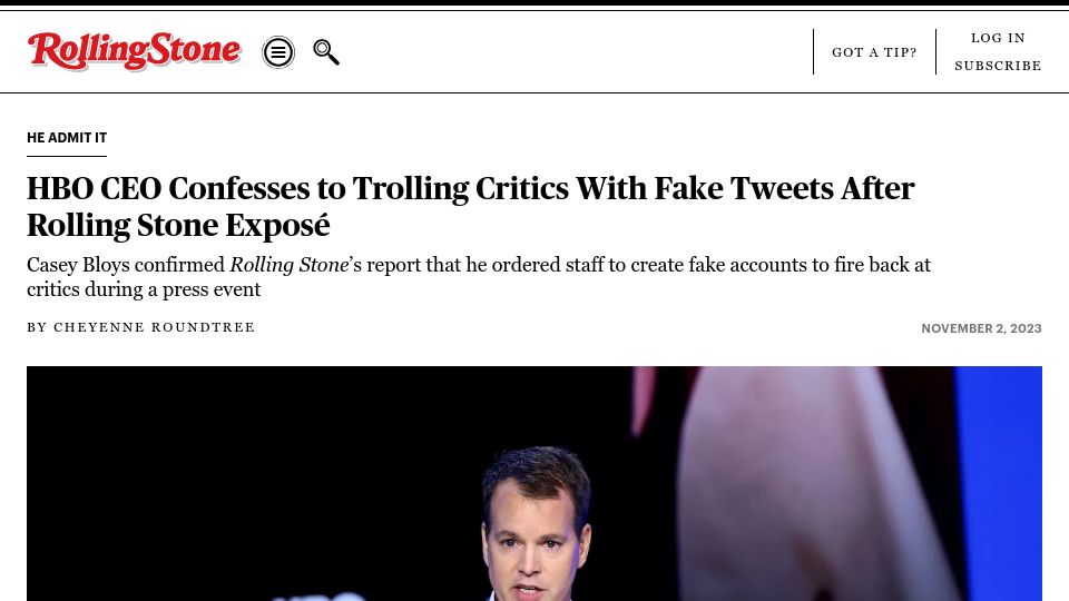 Screenshot of rollingstone.com: HBO CEO Confesses to Trolling Critics with Fake Tweets: Rolling Stone