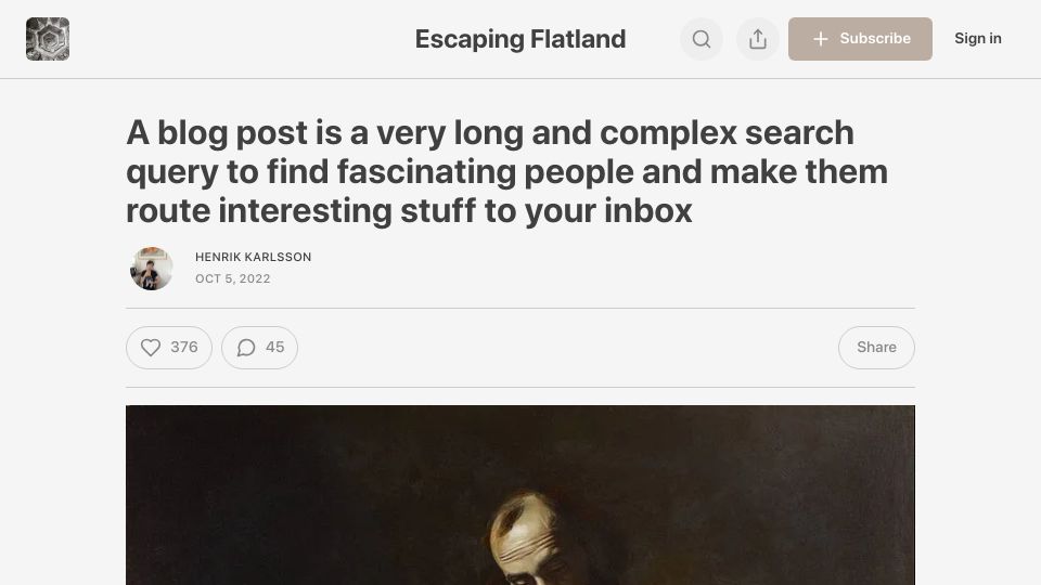 Screenshot of henrikkarlsson.xyz: A blog post is a long and complex search query to find people (2022)