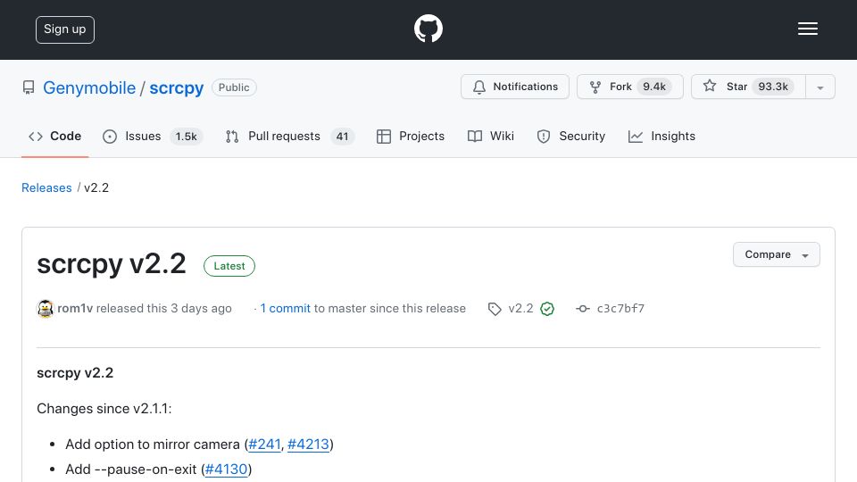 Screenshot of github.com: Scrcpy 2.2 adds Android camera mirroring
