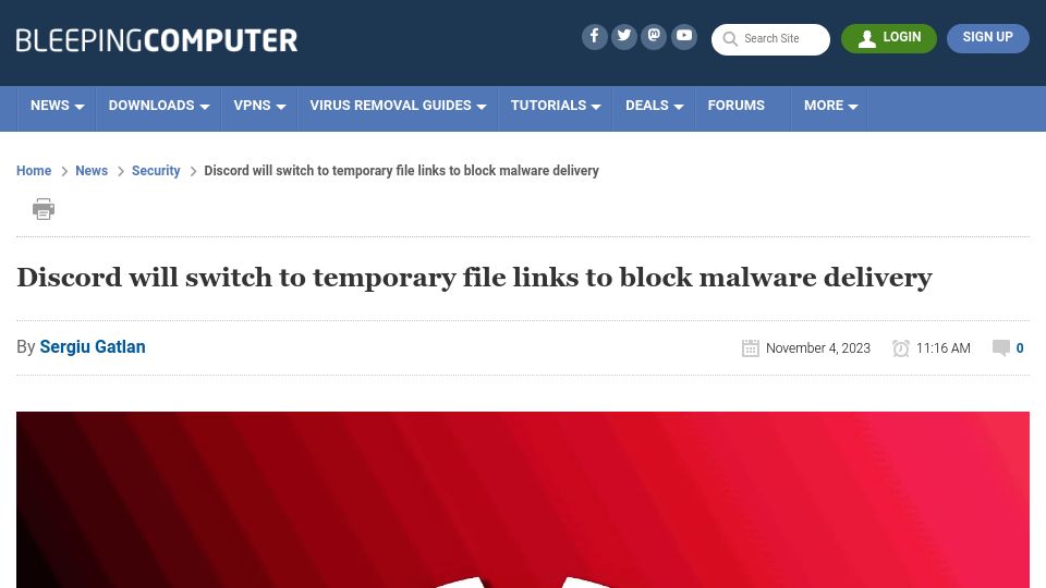 Screenshot of bleepingcomputer.com: Discord will switch to temporary file links to block malware delivery