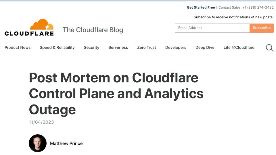 Screenshot of blog.cloudflare.com: Post Mortem on Cloudflare Control Plane and Analytics Outage