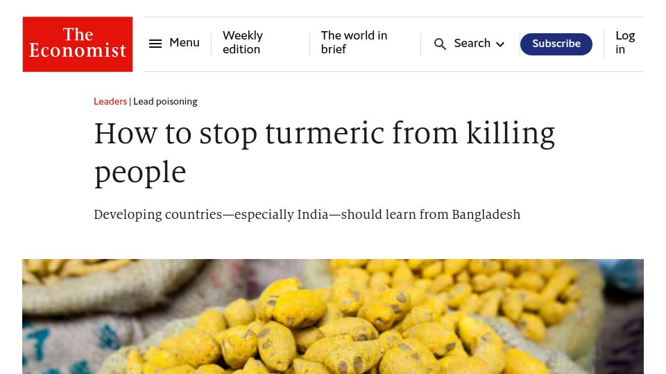Screenshot of economist.com: Lead chromate in turmeric spice causes high rates of lead poisoning South Asia