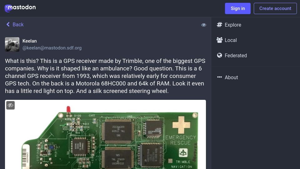 Screenshot of mastodon.sdf.org: A 6 channel GPS receiver from 1993
