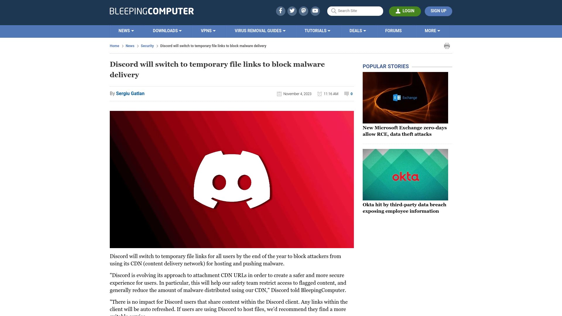 Screenshot of bleepingcomputer.com: Discord will switch to temporary file links to block malware delivery