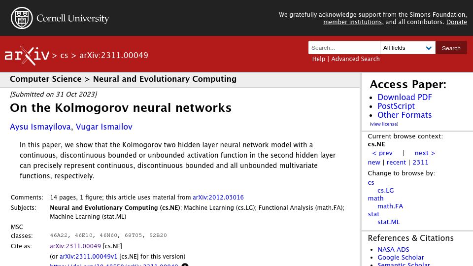Screenshot of arxiv.org: Kolmogorov Neural Networks can represent discontinuous functions