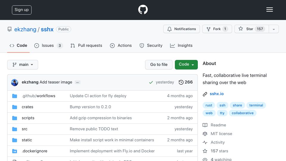 Screenshot of github.com: Show HN: Sshx, a web-based collaborative terminal