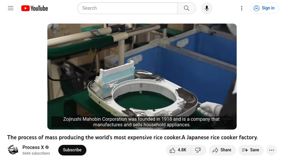 Screenshot of youtube.com: Mass producing the most expensive rice cooker [video]