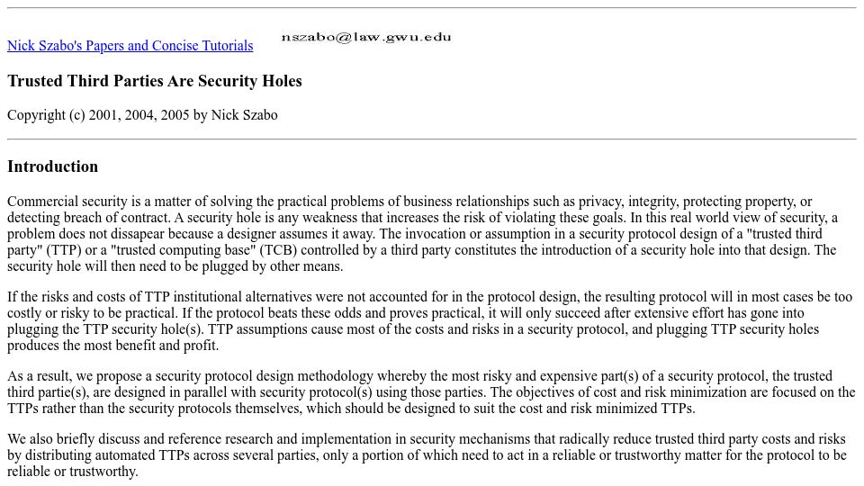 Screenshot of web.archive.org: Trusted third parties are security holes (2005)