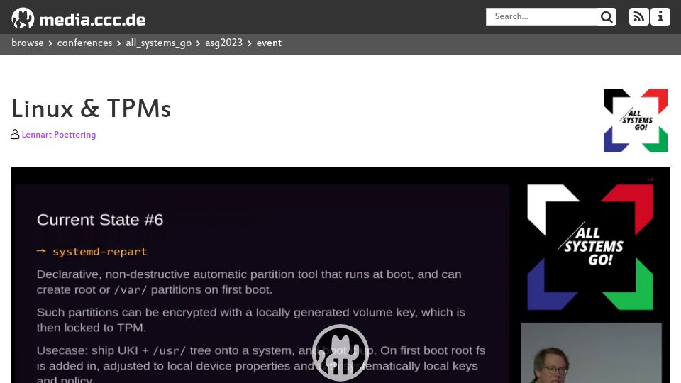 Screenshot of media.ccc.de: Linux and TPMs with systemd measured boot [video]