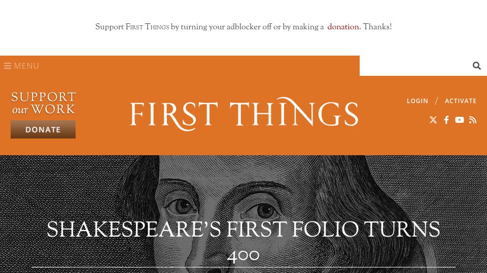 Screenshot of firstthings.com: Shakespeare’s First Folio