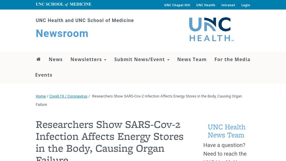 Screenshot of news.unchealthcare.org: SARS-CoV-2 Infection Affects Energy Stores in the Body, Causing Organ Failure