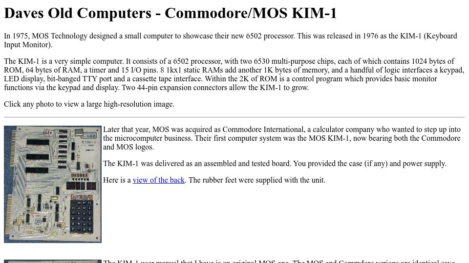 Screenshot of dunfield.classiccmp.org: Commodore/MOS KIM-1 (2004)