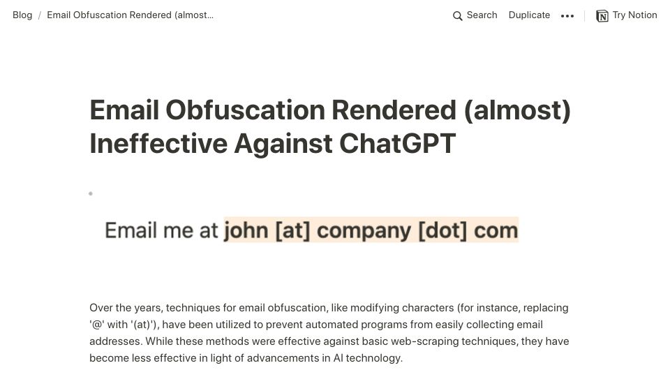 Screenshot of bulkninja.notion.site: Email obfuscation rendered almost ineffective against ChatGPT