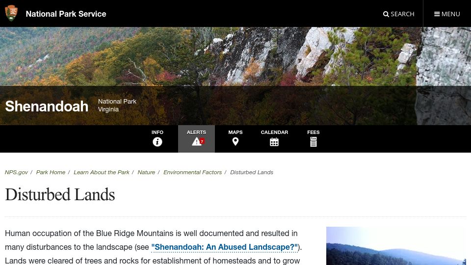 Screenshot of nps.gov: Disturbed Lands (National Park Service)