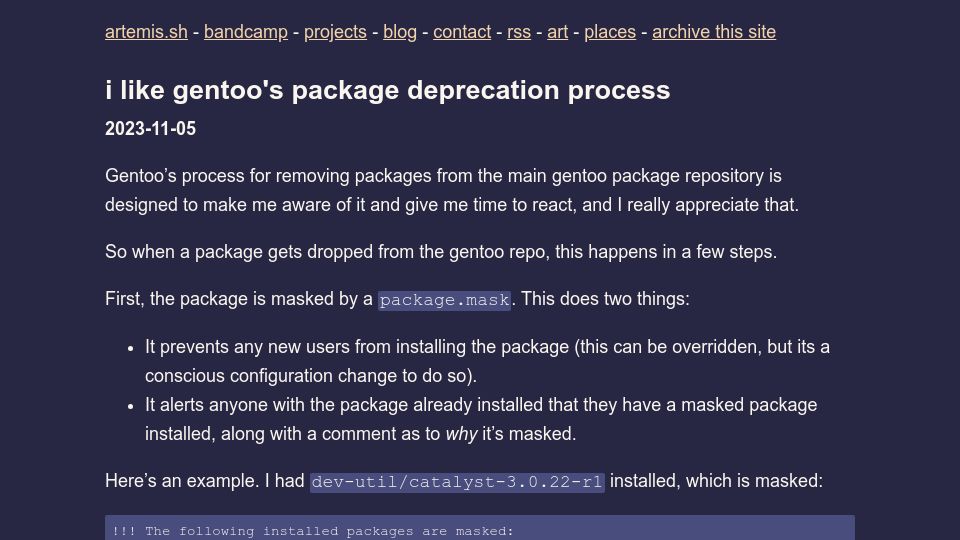 Screenshot of artemis.sh: I like gentoo's package deprecation process