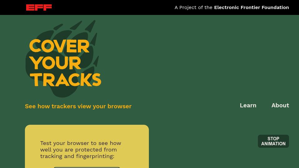 Screenshot of coveryourtracks.eff.org: Test browser for web tracking – EFF