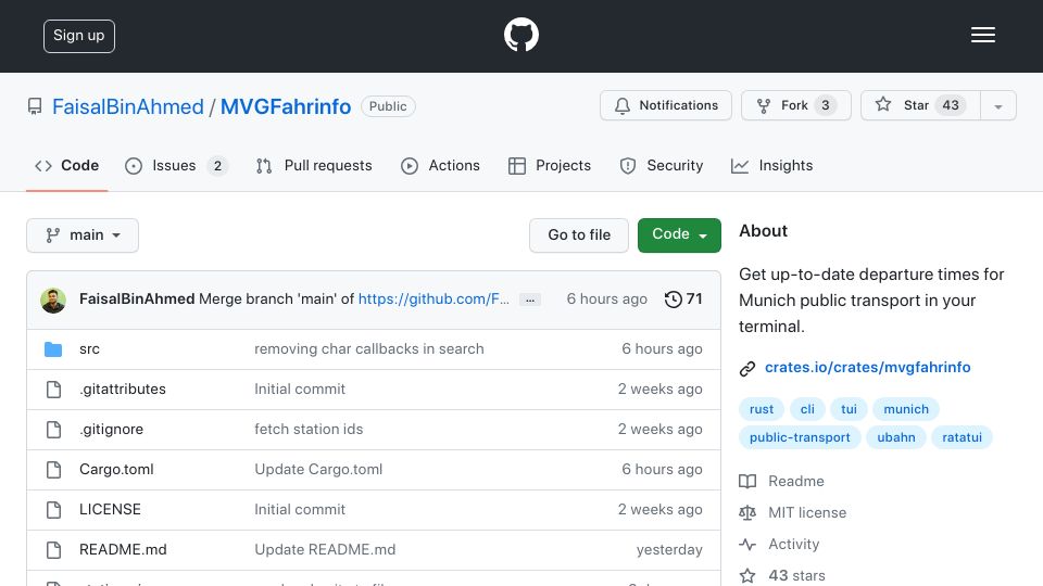 Screenshot of github.com: Munich train departures CLI app written in Rust