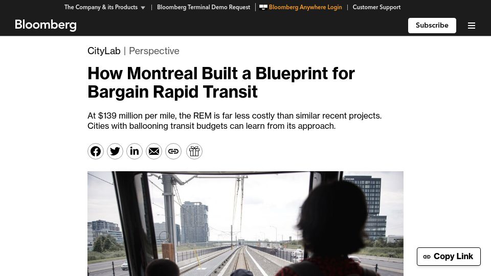 Screenshot of bloomberg.com: Montreal’s new rapid transit line saved millions per mile