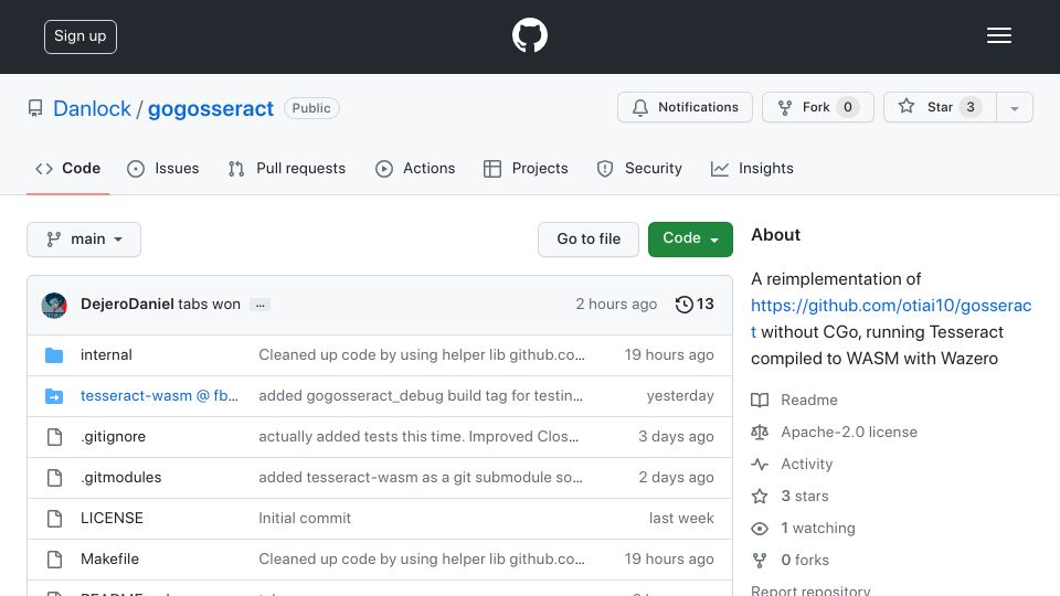 Screenshot of github.com: Show HN: Gogosseract, a Go Lib for CGo-Free Tesseract OCR via Wazero