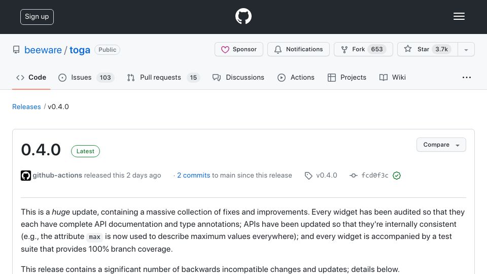 Screenshot of github.com: BeeWare Toga v0.4.0 – A Python native, OS native GUI toolkit