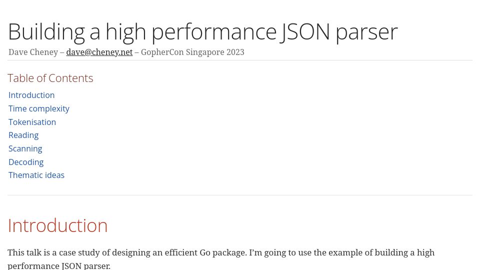 Screenshot of dave.cheney.net: Building a high performance JSON parser