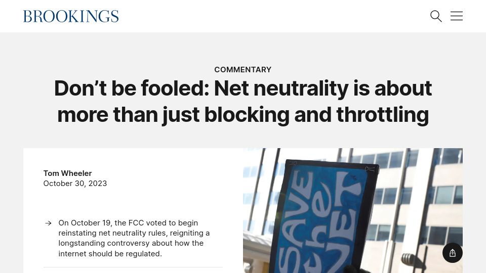 Screenshot of brookings.edu: Net neutrality is about more than just blocking and throttling