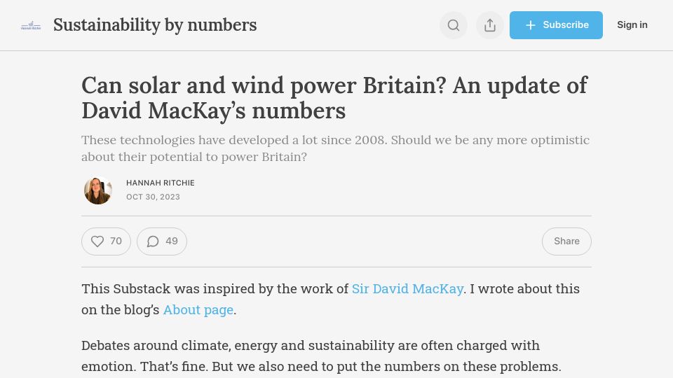 Screenshot of sustainabilitybynumbers.com: Can solar and wind power Britain? An update of David MacKay's numbers