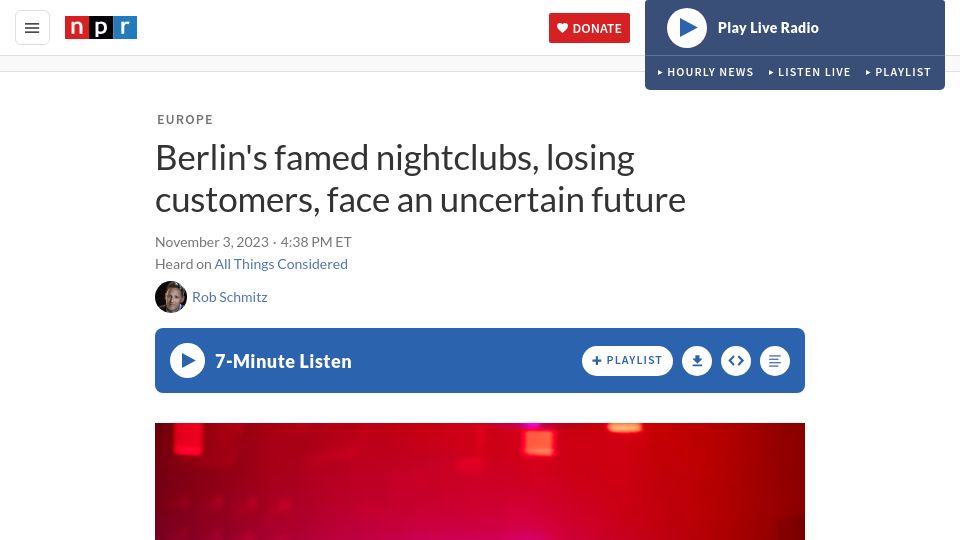 Screenshot of npr.org: Berlin's famed nightclubs, losing customers, face an uncertain future
