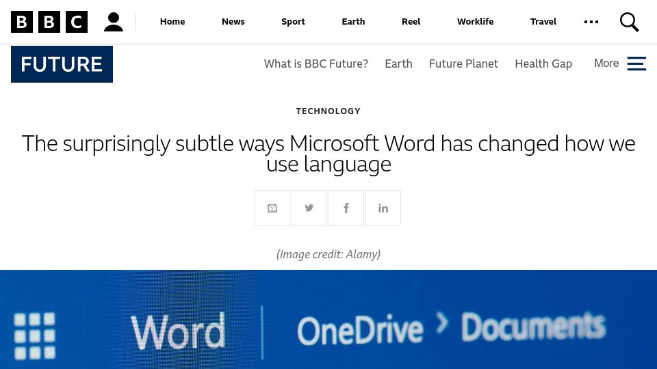 Screenshot of bbc.com: Subtle ways Microsoft Word has changed how we use language