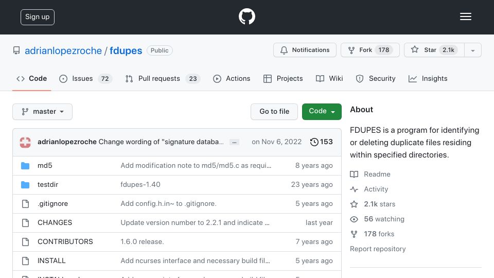 Screenshot of github.com: Fdupes: Identify or delete duplicate files